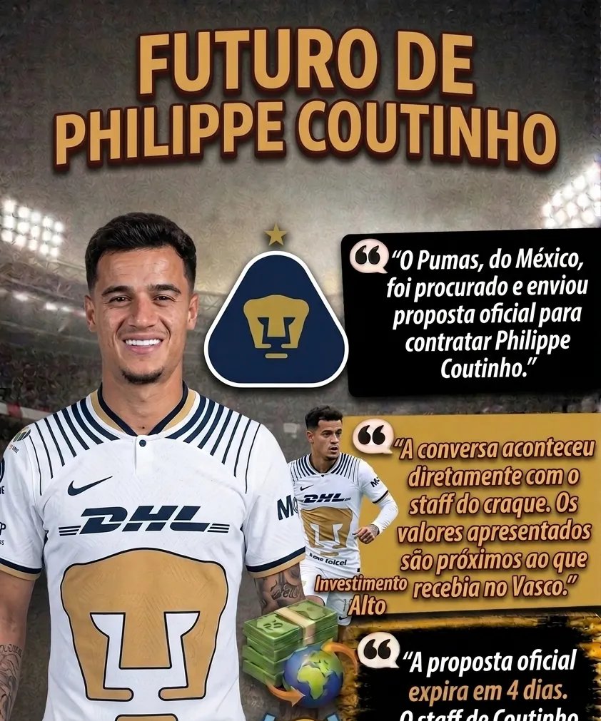 Ex-Vasco, Philippe Coutinho recebe oferta do Pumas e tem quatro dias para decidir - Imagem do artigo original