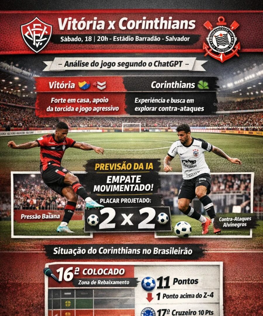 Inteligência artificial aponta equilíbrio entre Vitória e Corinthians na 12ª rodada do Brasileirão - Imagem do artigo original