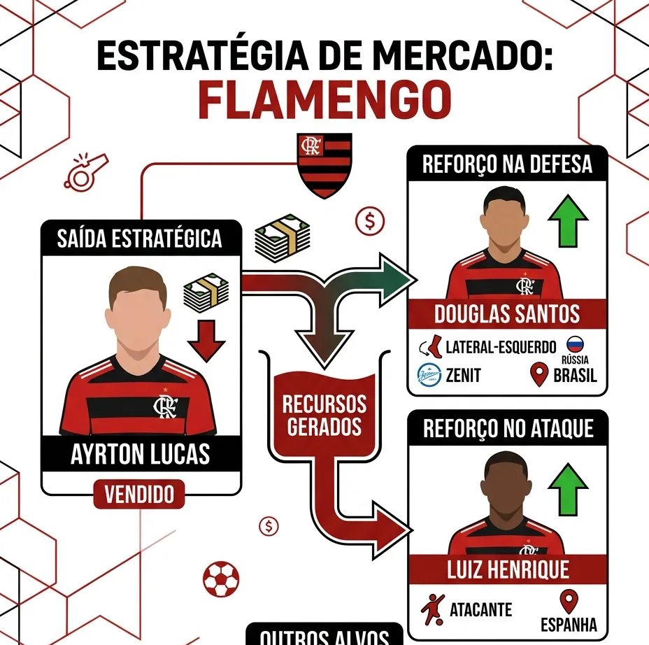 Flamengo estuda negociar Ayrton Lucas para viabilizar chegada de Luiz Henrique e Douglas Santos - Imagem do artigo original