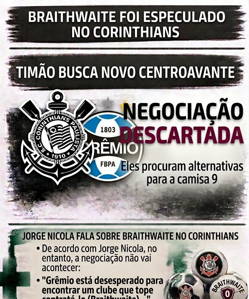 Corinthians descarta Braithwaite por alto salário, e atacante permanece no Grêmio - Imagem do artigo original