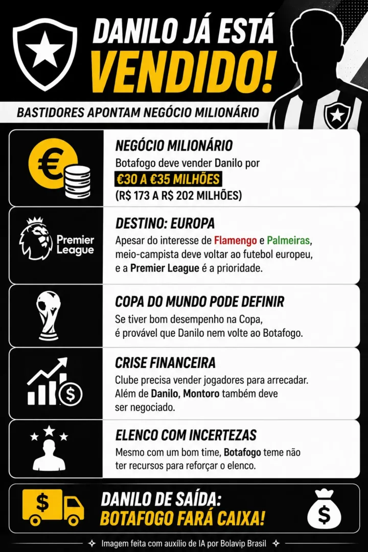 Botafogo se prepara para vender Danilo por até 35 milhões de euros e tenta estancar crise financeira - Imagem do artigo original