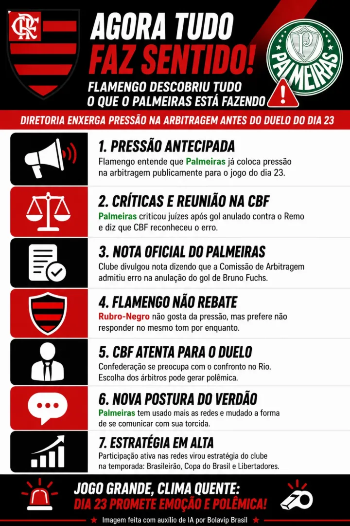 Flamengo monitora pressão do Palmeiras sobre arbitragem antes de duelo no Maracanã - Imagem do artigo original