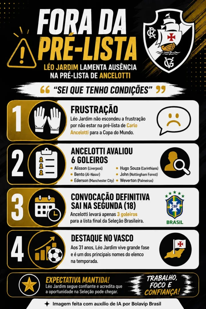 Fora da pré-lista de Ancelotti, Léo Jardim lamenta ausência após nova atuação decisiva pelo Vasco - Imagem do artigo original