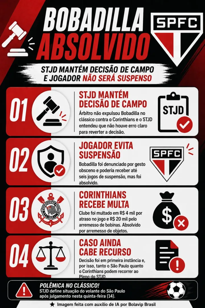 STJD absolve Bobadilla por gesto no clássico e tira risco de desfalque ao São Paulo - Imagem do artigo original