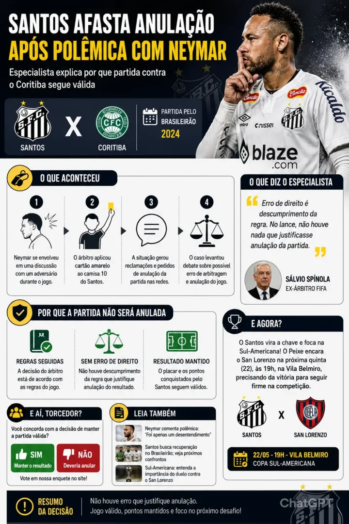 Erro de substituição com Neymar não leva à anulação de Santos x Coritiba, diz Salvio Spinola - Imagem do artigo original