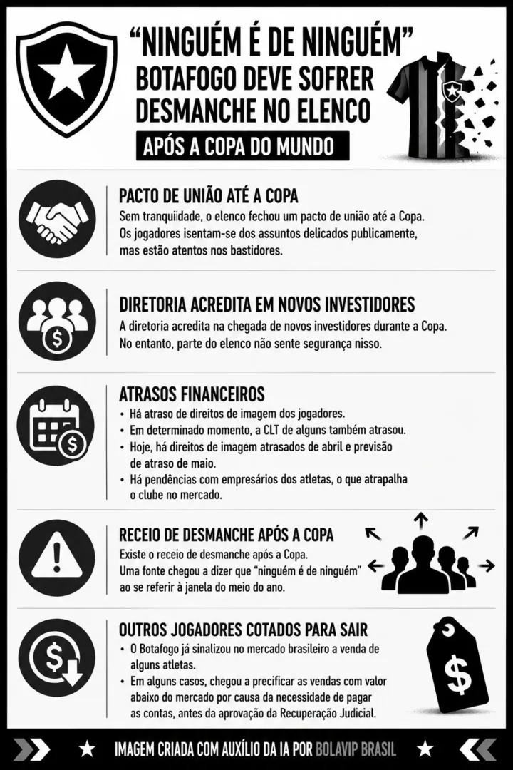 Botafogo vive risco de reformulação profunda com atrasos salariais e janela pós-Copa - Imagem do artigo original