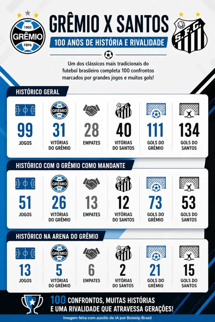 Grêmio x Santos: duelo 100 na história coloca rivais frente a frente contra o rebaixamento - Imagem do artigo original